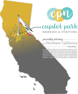 Map of Califronia with flag at Sacramento and dotted locations where Capitol Park Nannies and Staffing provides placement services (image on transparent background, with embedded text)